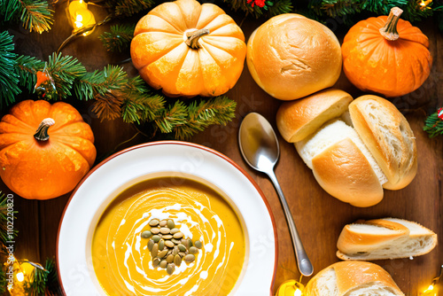 A creamy vegan pumpkin soup served in a white bowl, topped with toasted pumpkin seeds and a drizzle of coconut cream, the bowl is surrounded by a Christmas garland and fairy lights