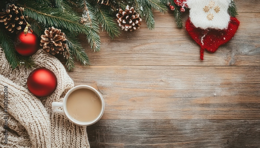 Cozy Christmas morning with a cup of coffee, ornaments, pine branches and a knitted blanket on a rustic wooden table. Cozy Christmas morning with a cup of coffee, ornaments, pine branches and a knitted blanket on a rustic wooden table.