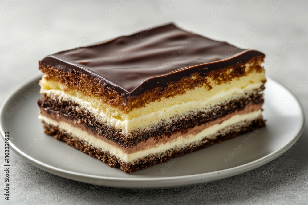 A slice of layered chocolate cake with vanilla cream and chocolate frosting. A slice of layered chocolate cake with vanilla cream and chocolate frosting.
