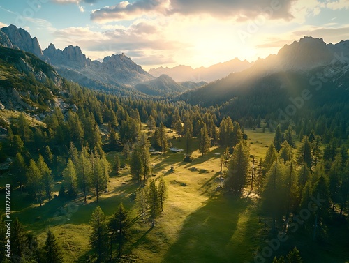 Breathtaking view of mountains at sunset illuminating a lush valley in Italy