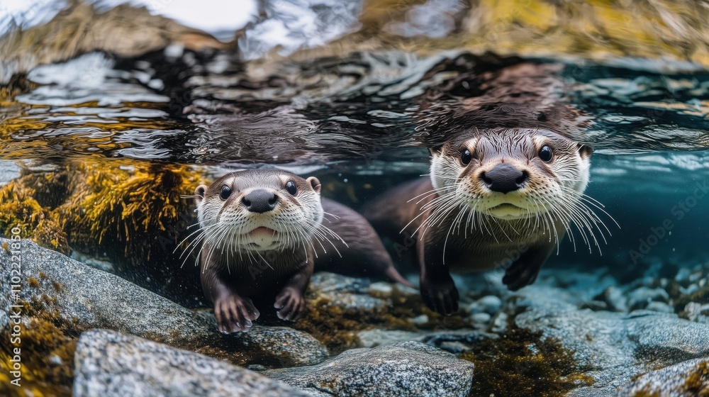 Zwei Otter unter Wasser mit Steinen im Hintergrund Zwei Otter unter Wasser mit Steinen im Hintergrund