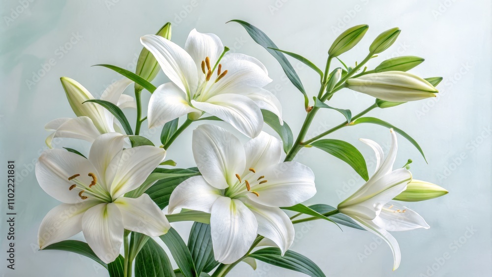 White Lily Bouquet on Light Background, floral, spring White Lily Bouquet on Light Background, floral, spring