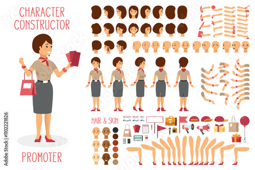 Vector character constructor set for woman promoter in flat style