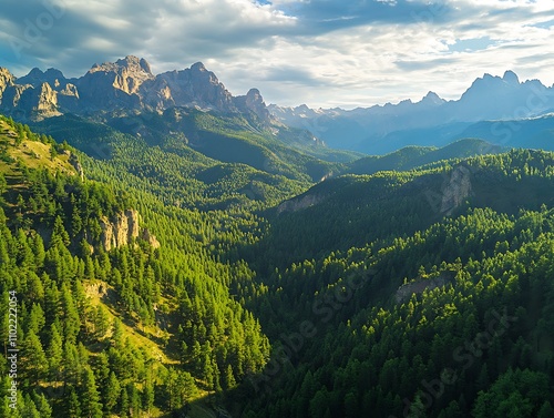 Breathtaking view of the Dolomites showcasing lush forests and majestic mountain peaks in Italy