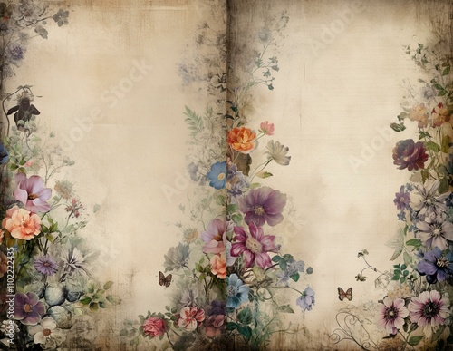 Vintage floral butterflies nature  junk journal double pages 