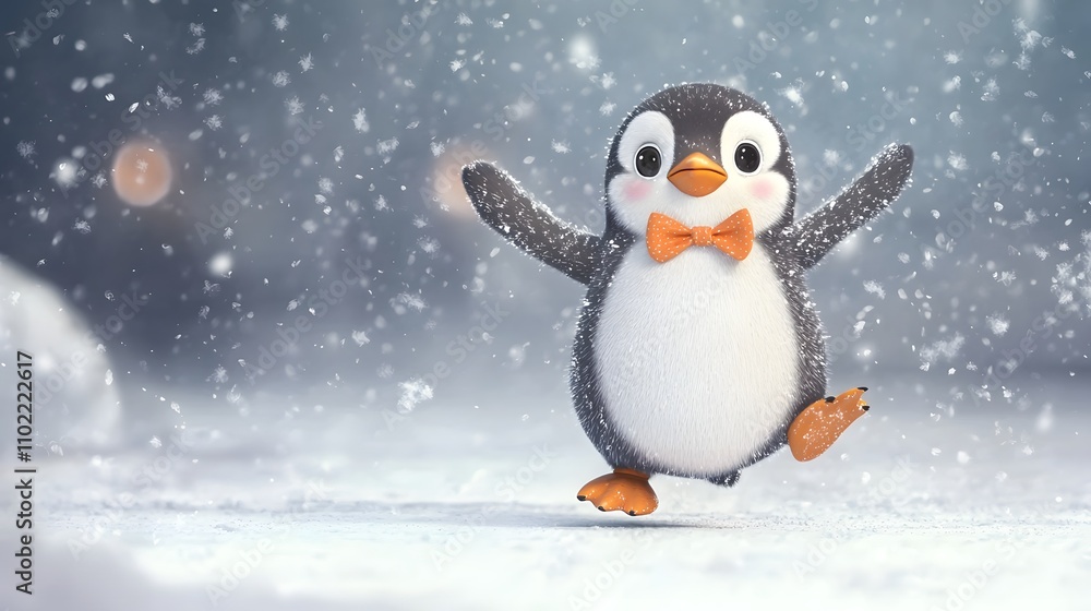 A cute cartoon penguin wearing a red hat and scarf enjoys the winter wonderland with snowmen and snowflakes A cute cartoon penguin wearing a red hat and scarf enjoys the winter wonderland with snowmen and snowflakes