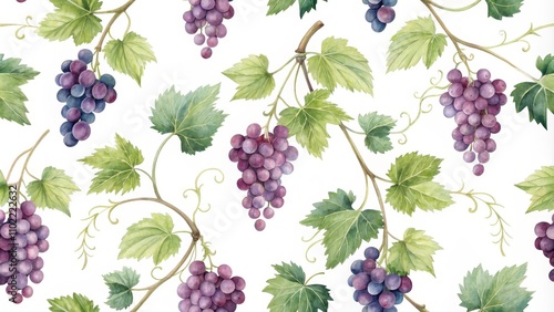 Wallpaper Mural Watercolor Seamless Pattern of Grapes and Vine Leaves, Watercolor, Seamless pattern, Grapes, Vines, Leaf, Nature Torontodigital.ca