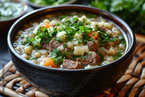 A bowl of delicious homemade soup garnished with fresh parsley, featuring tender beef, carrots, and potatoes in a comforting broth.