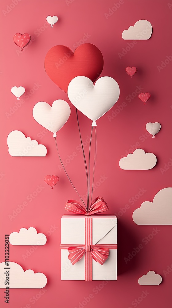 Gift box with a heart balloon floating in the sky, accompanied by Happy Valentine's Day banners in paper art style. Gift box with a heart balloon floating in the sky, accompanied by Happy Valentine's Day banners in paper art style.