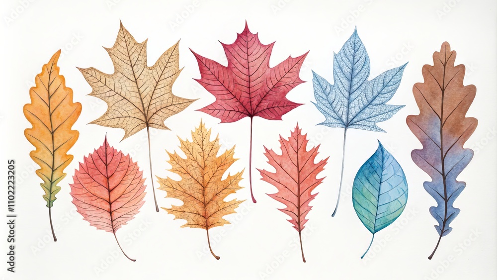 Watercolor Painting of Delicate Autumn Leaves on a White Background, autumn leaves, fall foliage Watercolor Painting of Delicate Autumn Leaves on a White Background, autumn leaves, fall foliage