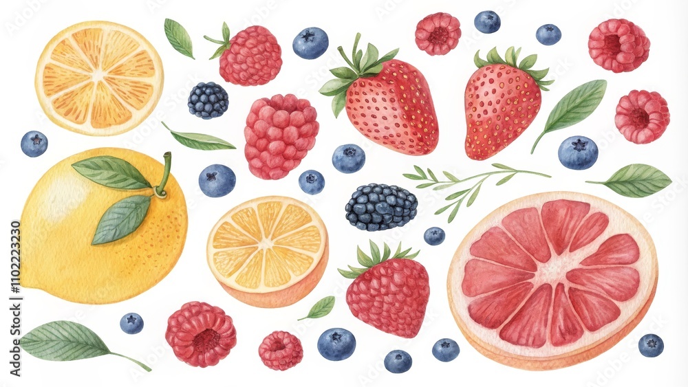Watercolor Painting of Citrus Fruit and Berries, Fruit , Berries Watercolor Painting of Citrus Fruit and Berries, Fruit , Berries