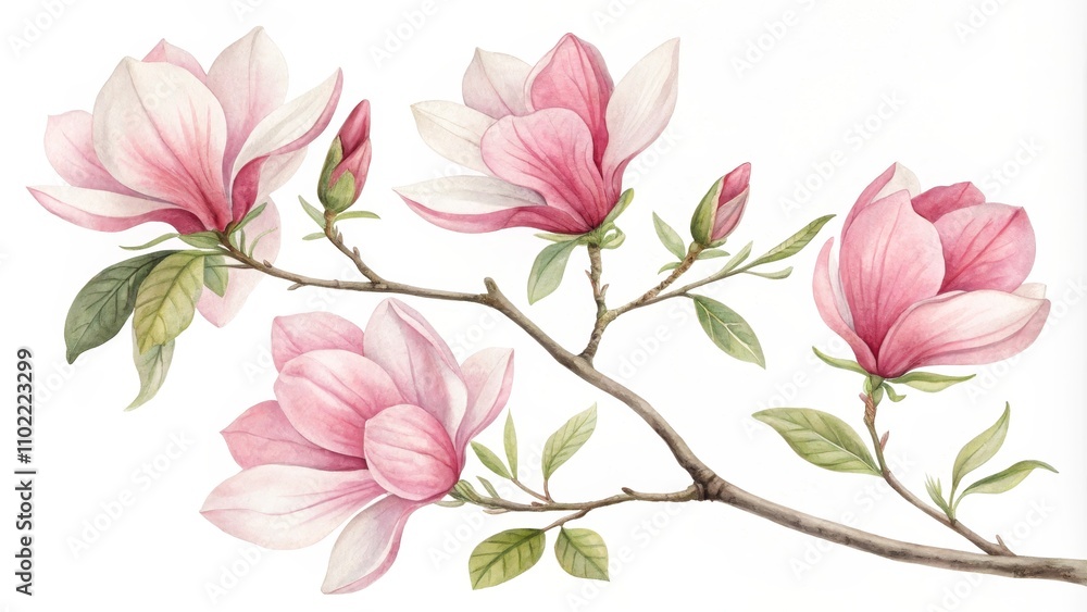 Fototapeta premium Watercolor Painting of a Magnolia Branch with Pink Flowers, Watercolor, Magnolia, Flower