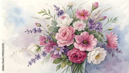 Watercolor Painting of Delicate Pink and White Flowers with Lavender, Watercolor Flower Bouquet, floral art, watercolor painting