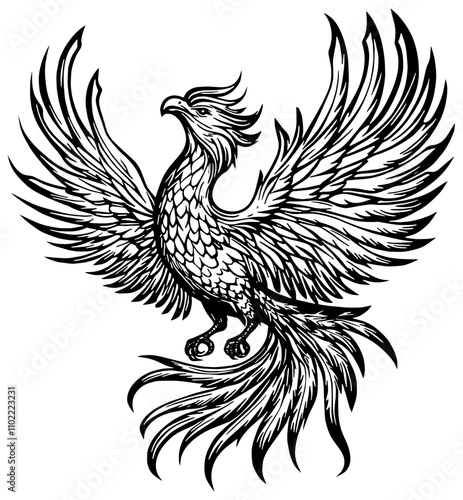 Phoenix bird illustration in black, isolated 