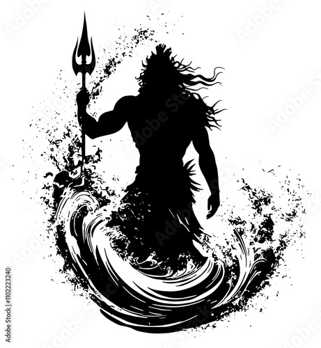Silhouette of King Poseidon or Neptune with a trident in a wave 