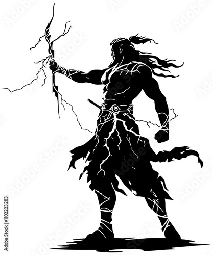 Greek god Zeus holding lightning bolts, illustration in black, isolated. 