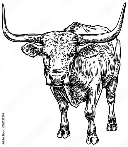 Texas longhorn cow illustration in black, isolated. 