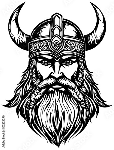Portrait of a male viking wearing a helmet with horns, illustration in black, isolated 