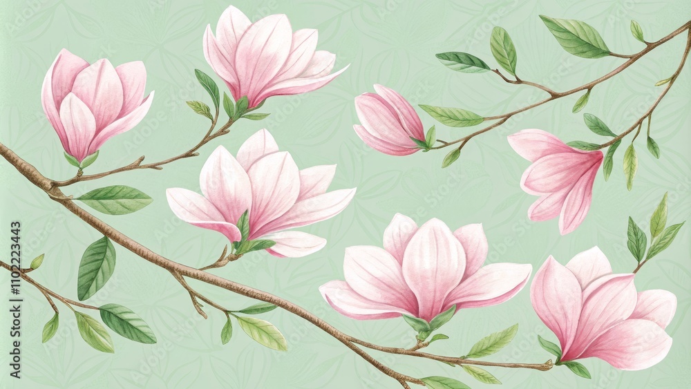 Obraz premium Watercolor Magnolia Flowers with Green Leaves on Light Green Background, watercolor illustration, floral art, botanical print, spring flowers, magnolia blossom ,watercolor