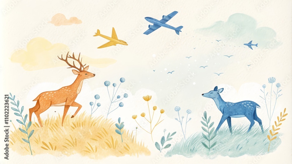 Watercolor Illustration of Two Deers with Flying Planes in the Sky, Nature, Watercolor , Illustration Watercolor Illustration of Two Deers with Flying Planes in the Sky, Nature, Watercolor , Illustration