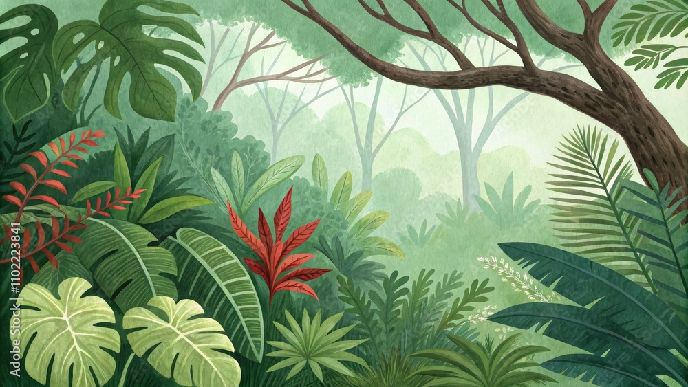 Naklejka premium Watercolor Illustration of Lush Green Tropical Foliage, Jungle Landscape, Botanical Art, Tropical Leaves, Green Forest ,jungle, botanical