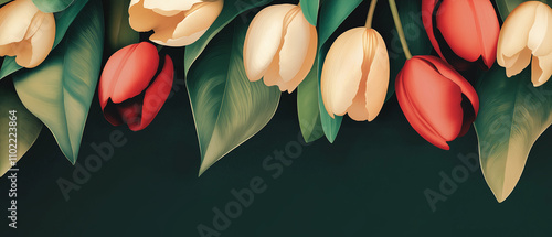 Floral illustration with tulips, for your design. Floral graphic with flowers place for text.