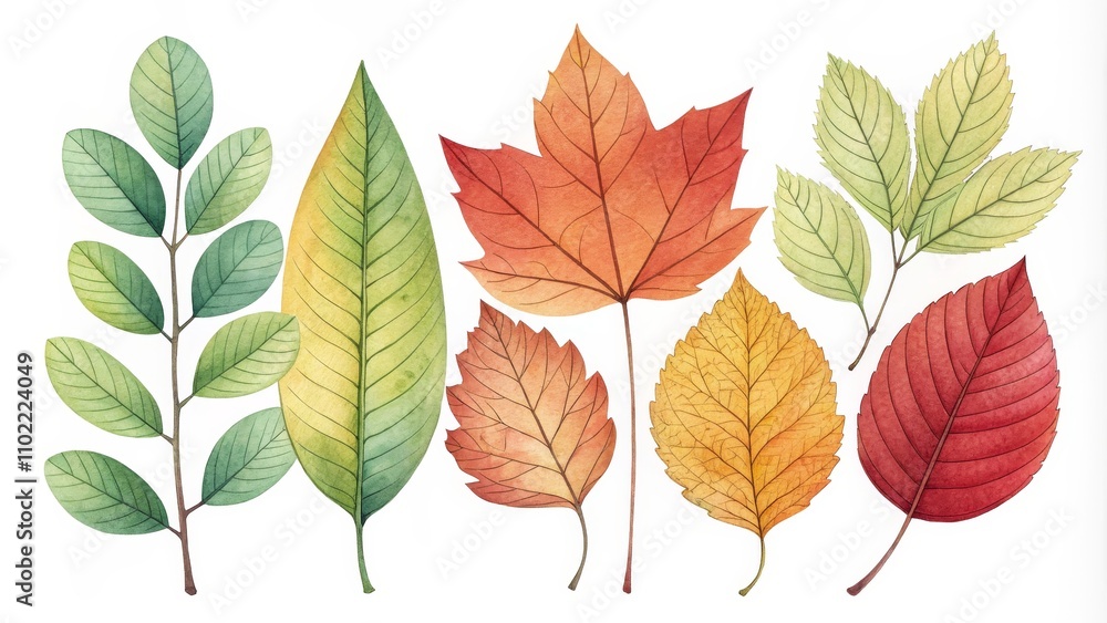 Fototapeta premium Watercolor Illustration of Autumn Leaves, green, yellow, red , fall foliage