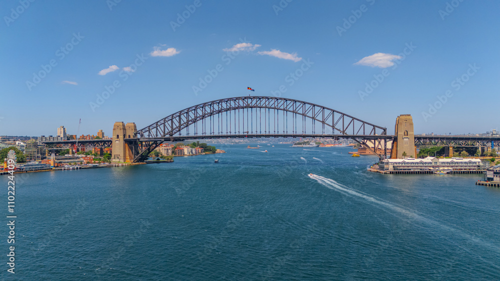 Naklejka premium Aerial View of Sydney Harbour Balmain Darling harbour Sydney CBD cockle Bay Wharf North Sydney harbour bridge Lavender Bay Milsons Point Manly on a warm summer day blue skies