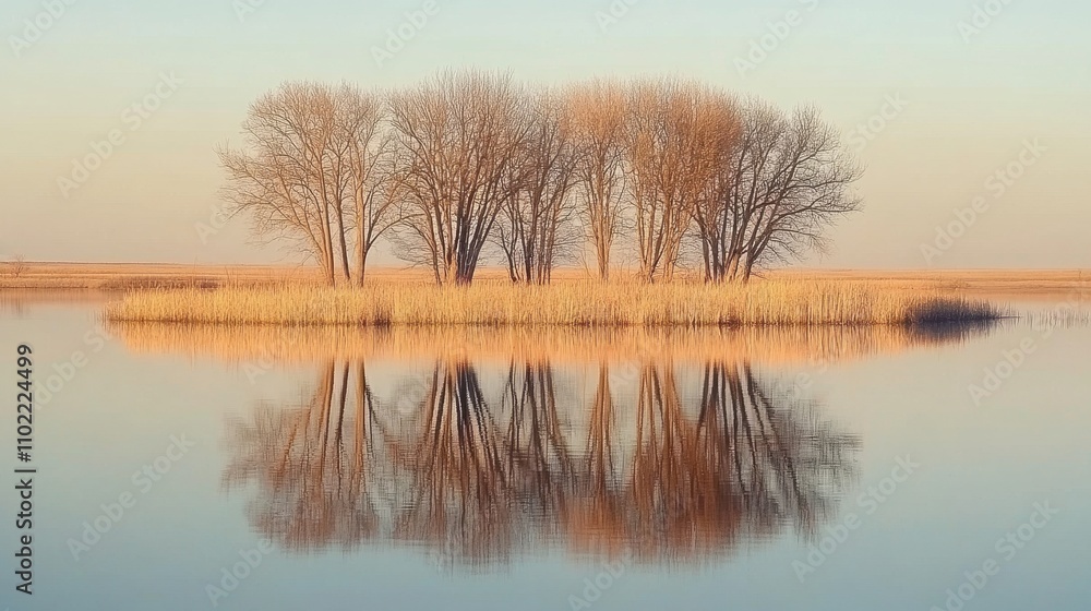Serene Reflection: Trees Mirrored in Calm Lake Serene Reflection: Trees Mirrored in Calm Lake