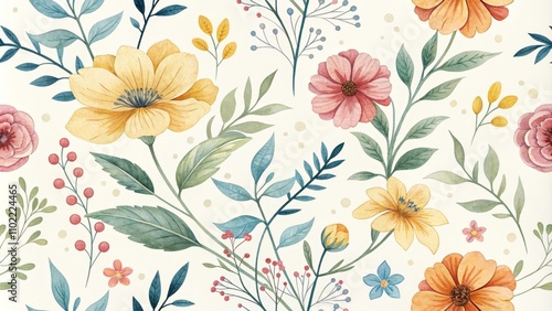 Wallpaper Mural Watercolor Floral Seamless Pattern, White Background, Botanical Illustration, Floral Design, Flowers, Plants, Leaves Torontodigital.ca