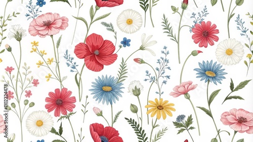 Watercolor Floral Seamless Pattern with Poppies, Daisies and Wildflowers on White Background, floral pattern, summer pattern