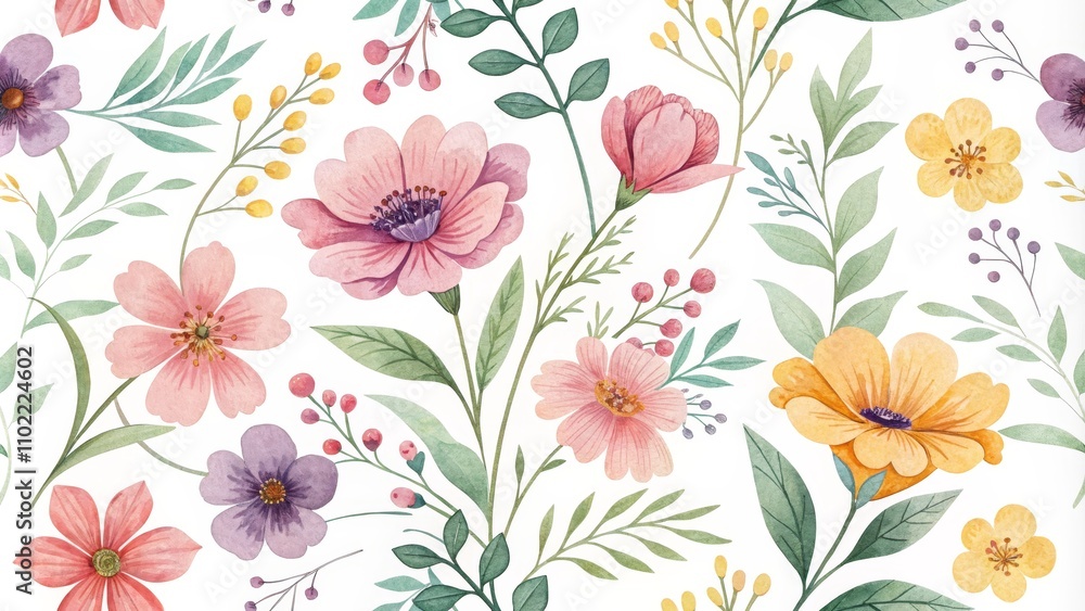 custom made wallpaper toronto digitalWatercolor Floral Seamless Pattern with Green Leaves and Pink Flowers, floral pattern , watercolor illustration