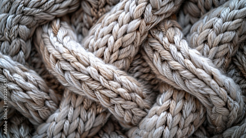 Intricate Beige Knit Texture: Close-up of Thick, Interwoven Yarn Strands Intricate Beige Knit Texture: Close-up of Thick, Interwoven Yarn Strands