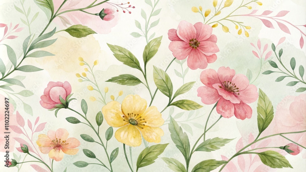 custom made wallpaper toronto digitalWatercolor Floral Pattern with Pink and Yellow Flowers and Green Leaves, watercolor, flower pattern, floral background, spring flowers, delicate floral design