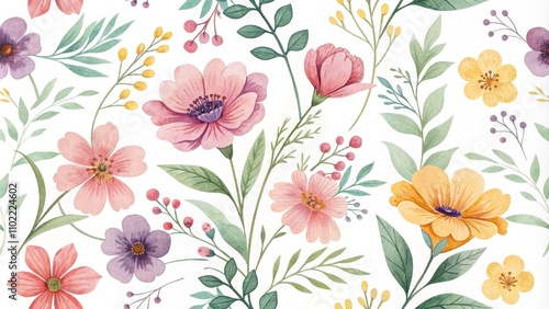 Wallpaper Mural Watercolor Floral Seamless Pattern with Green Leaves and Pink Flowers, floral pattern , watercolor illustration Torontodigital.ca