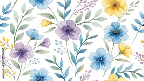 Wallpaper Mural Watercolor Floral Seamless Pattern with Blue, Purple and Yellow Flowers, Floral Pattern, Watercolor Pattern, seamless pattern , flowers , spring Torontodigital.ca