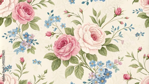 Wallpaper Mural Watercolor Floral Seamless Pattern - Pink Roses and Blue Forget-Me-Nots, floral pattern, seamless pattern Torontodigital.ca
