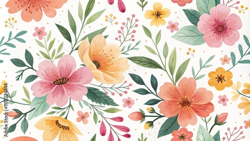 Watercolor Floral Seamless Pattern Delicate Blooms and Lush Greenery, floral pattern, flower background