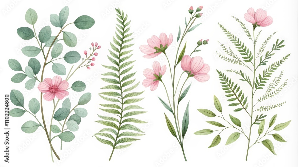 Naklejka premium Watercolor Floral Illustration with Pink Flowers and Greenery, watercolor , botanical