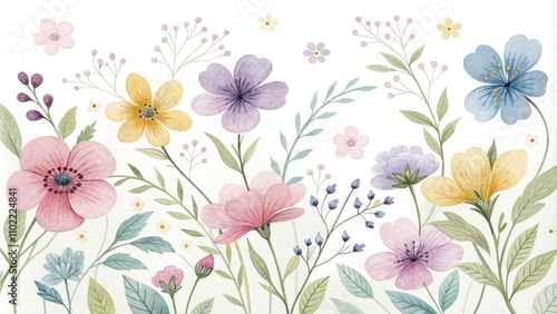 Wallpaper Mural Watercolor Floral Illustration - Delicate Blooms and Lush Greenery, floral art, botanical illustration Torontodigital.ca