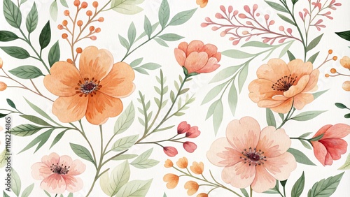 Watercolor Floral Illustration with Peach and Pink Flowers, Greenery on White Background, floral art, watercolor art