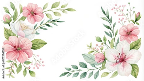 Watercolor Floral Corner Frame with Pink and White Flowers, Greenery, and Berries, floral frame, corner design