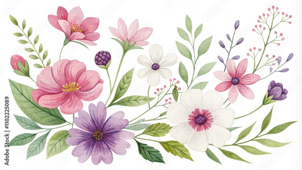 Fototapeta premium Watercolor Floral Arrangement with Pink, Purple and White Flowers, Green Leaves and Berries, Watercolor Illustration, Floral Design, Botanical Art, Flower Arrangement