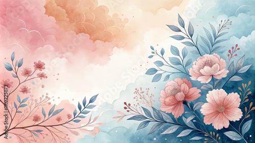 Watercolor Floral Arrangement with Soft Pink and Blue Clouds, Floral Background, Watercolor Art , Watercolor Painting