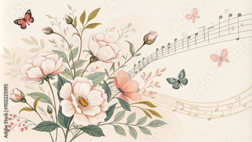 Watercolor Floral Arrangement with Music Notes and Butterflies, botanical illustration, floral art, flower wallpaper, music lover, romantic art