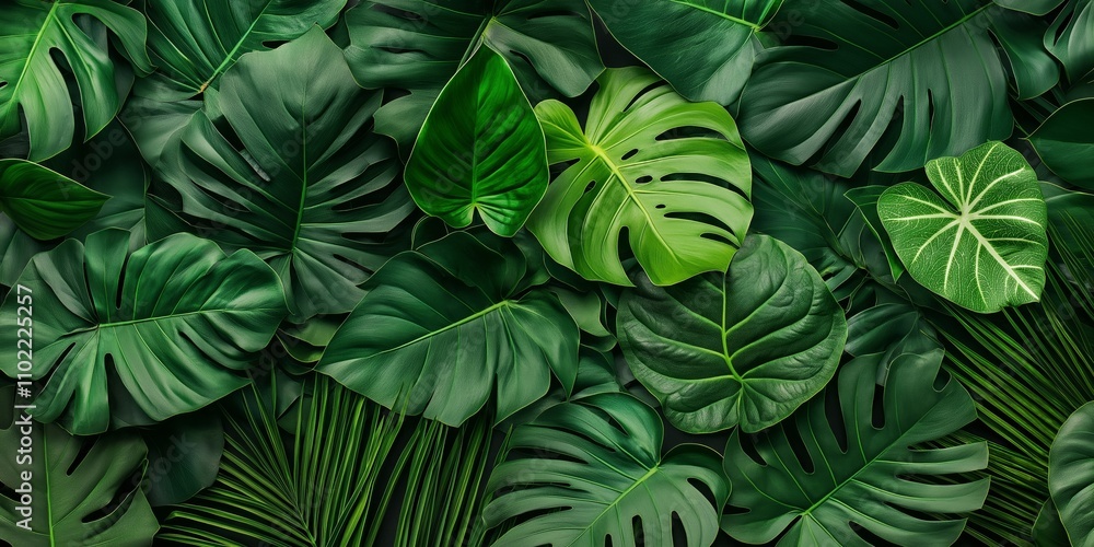 A lush and rich layering of various tropical green leaves creating depth and texture in nature. A lush and rich layering of various tropical green leaves creating depth and texture in nature.