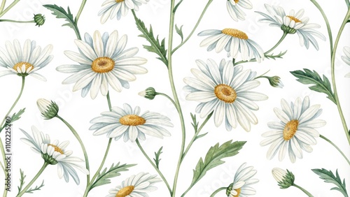 Watercolor Daisy Pattern Illustration, Floral Design, Spring Flowers, White Background, Daisy Flower , Spring, Floral