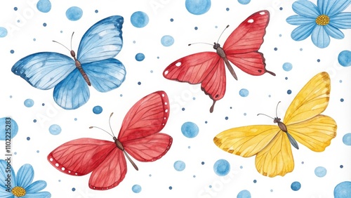 Watercolor Butterflies and Flowers with Blue Dots, Watercolor Painting , Butterfly Art