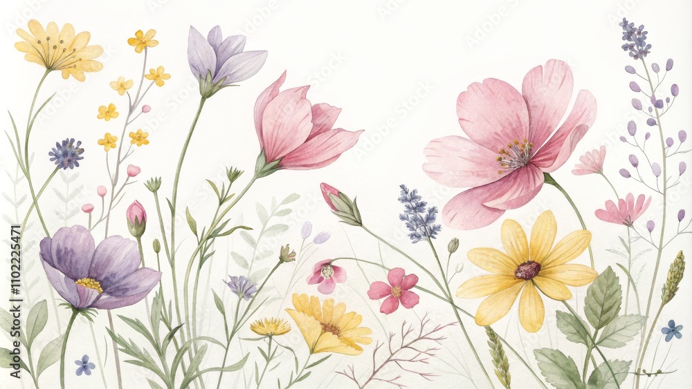 Watercolor Botanical Illustration of a Summer Wildflower Bouquet, watercolor , botanical illustration Watercolor Botanical Illustration of a Summer Wildflower Bouquet, watercolor , botanical illustration