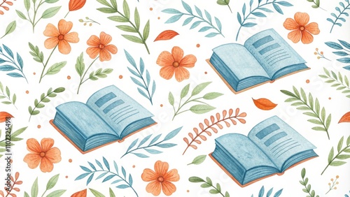 Watercolor Book and Floral Pattern, Seamless, Spring, Floral Pattern